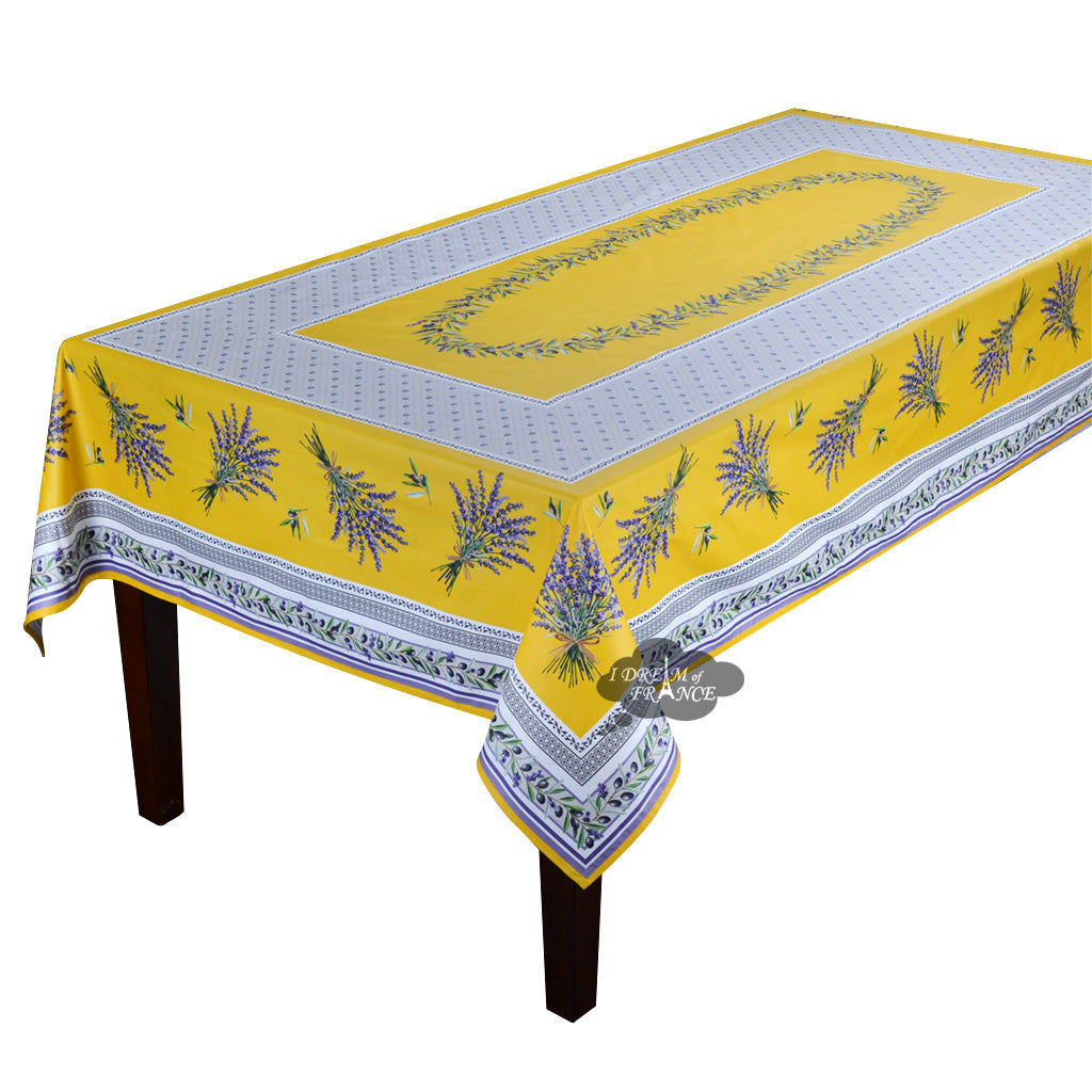 60x78" Rectangular Lauris Yellow Acrylic-Coated Cotton Tablecloth by Tissus Toselli