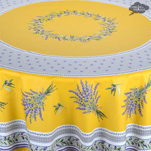 70" Round Lauris Yellow Acrylic-Coated Cotton Tablecloth by Tissus Toselli