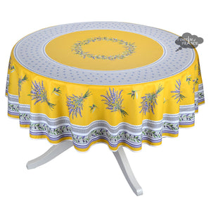 70" Round Lauris Yellow Acrylic-Coated Cotton Tablecloth by Tissus Toselli