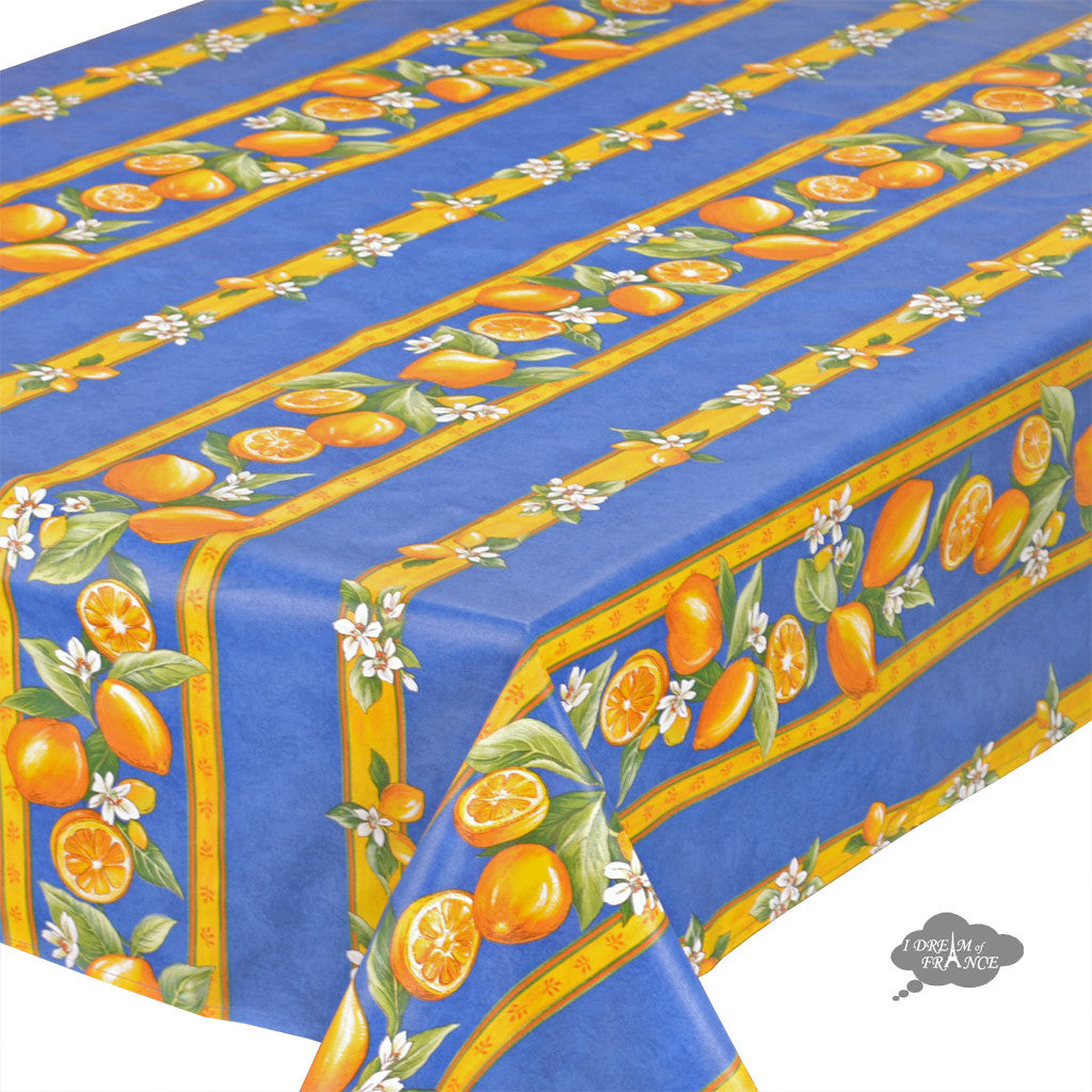 60x120" Rectangular Lemons Blue Acrylic Coated Cotton Tablecloth - Close Up