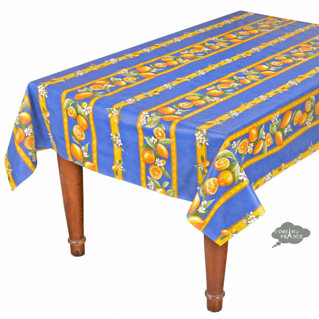 60x78" Rectangular Lemons Blue Acrylic Coated Cotton Tablecloth by Tissus Toselli