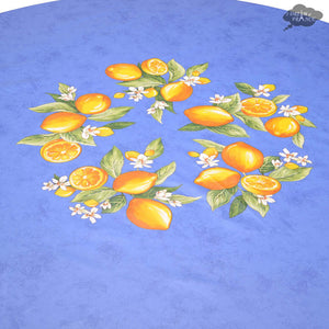 90" Round Lemons Blue Coated Cotton Tablecloth by Tissus Toselli