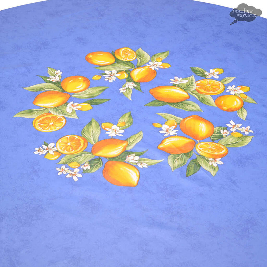90" Round Lemons Blue Coated Cotton Tablecloth by Tissus Toselli