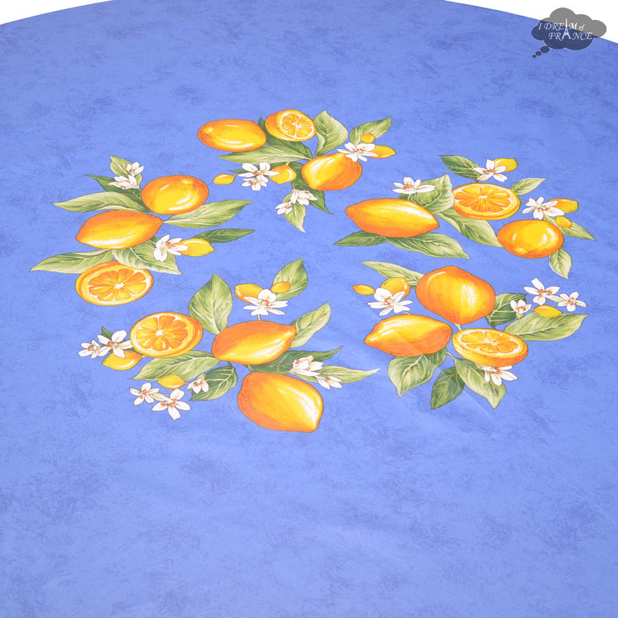 70" Round Lemons Blue Coated Cotton Tablecloth by Tissus Toselli