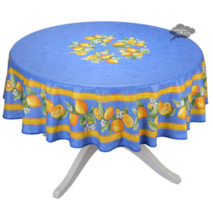 70" Round Lemons Blue Coated Cotton Tablecloth by Tissus Toselli