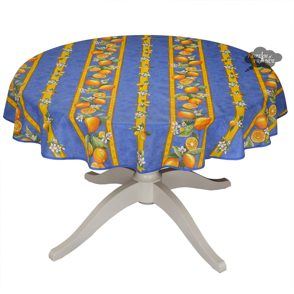 58" Round Lemons Blue Acrylic Coated Cotton Tablecloth by Tissus Toselli