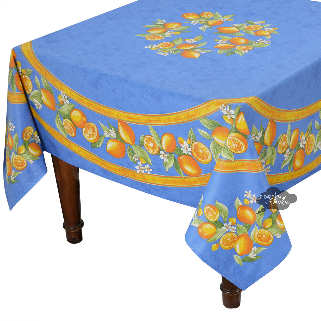 70" Square Round Lemons Blue Coated Cotton Tablecloth by Tissus Toselli