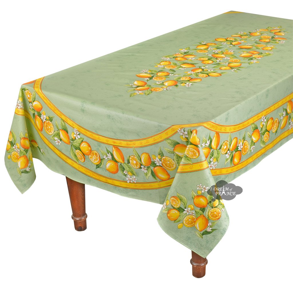 60x 96" Rectangular Lemons Green Coated Cotton Tablecloth by Tissus Toselli