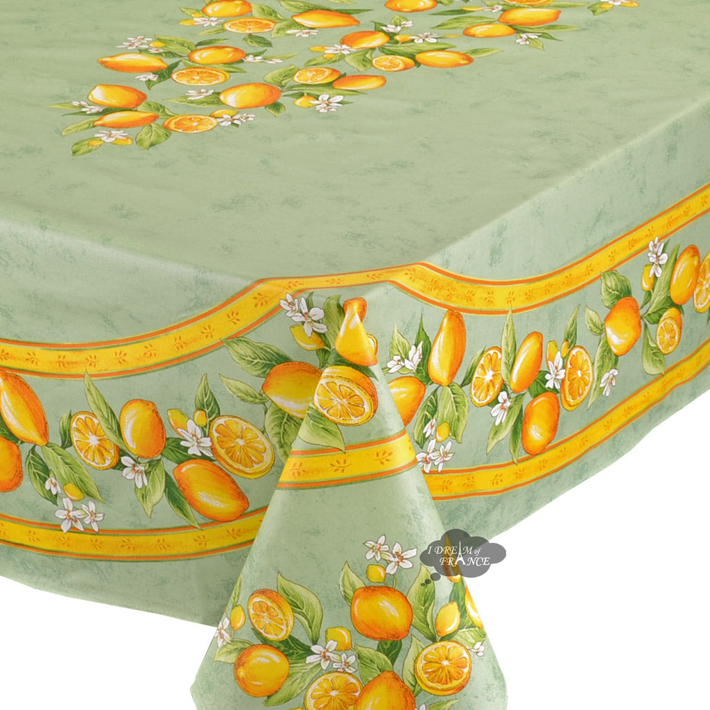 60x 96" Rectangular Lemons Green Coated Cotton Tablecloth by Tissus Toselli