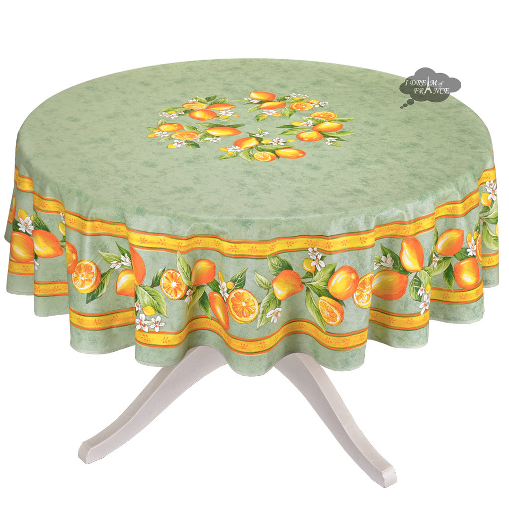 90" Round Lemons Green Coated Cotton Tablecloth by Tissus Toselli