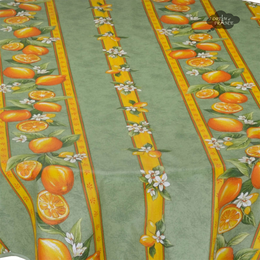 70" Round Lemons Green Coated Cotton Tablecloth Made in France I