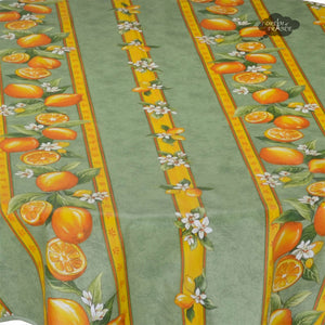 58" Round Lemons Green Acrylic Coated Cotton Tablecloth by Tissus Toselli
