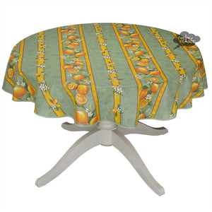 58" Round Lemons Green Acrylic Coated Cotton Tablecloth by Tissus Toselli