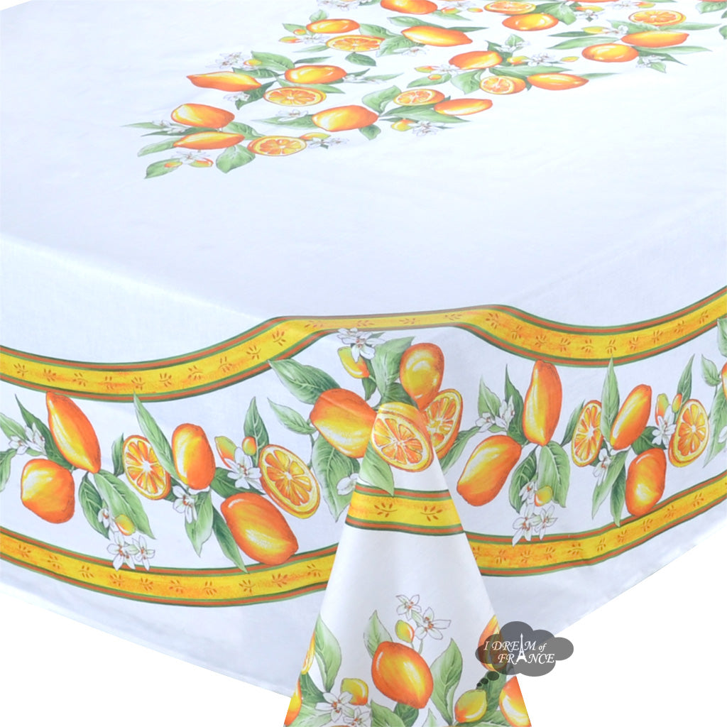 60x96" Rectangular Lemons White Acrylic-Coated Cotton French Tablecloth by Tissus Toselli
