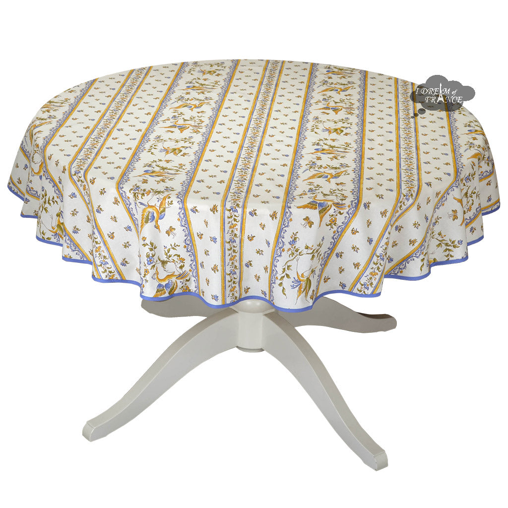 58" Round Moustiers Blue & Cream Coated Cotton Tablecloth by Tissus Toselli