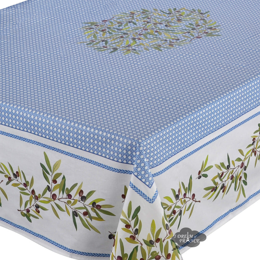 60" Square Nyons Blue Acrylic-Coated Cotton Tablecloth by Tissus Toselli