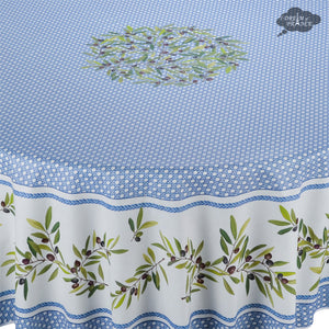 90" Round Nyons Blue Acrylic-Coated Cotton Tablecloth by Tissus Toselli