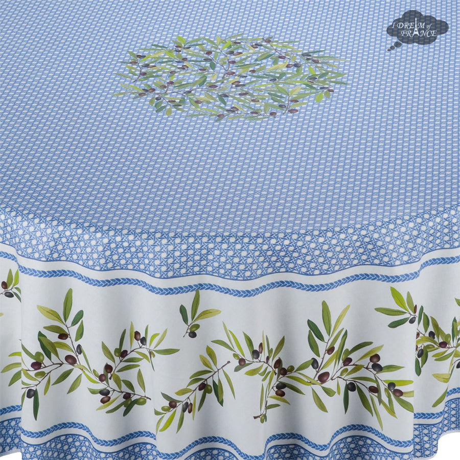 90" Round Nyons Blue Acrylic-Coated Cotton Tablecloth by Tissus Toselli