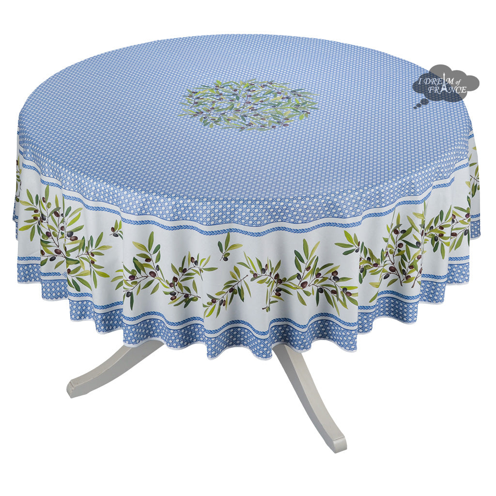 90" Round Nyons Blue Acrylic-Coated Cotton Tablecloth by Tissus Toselli