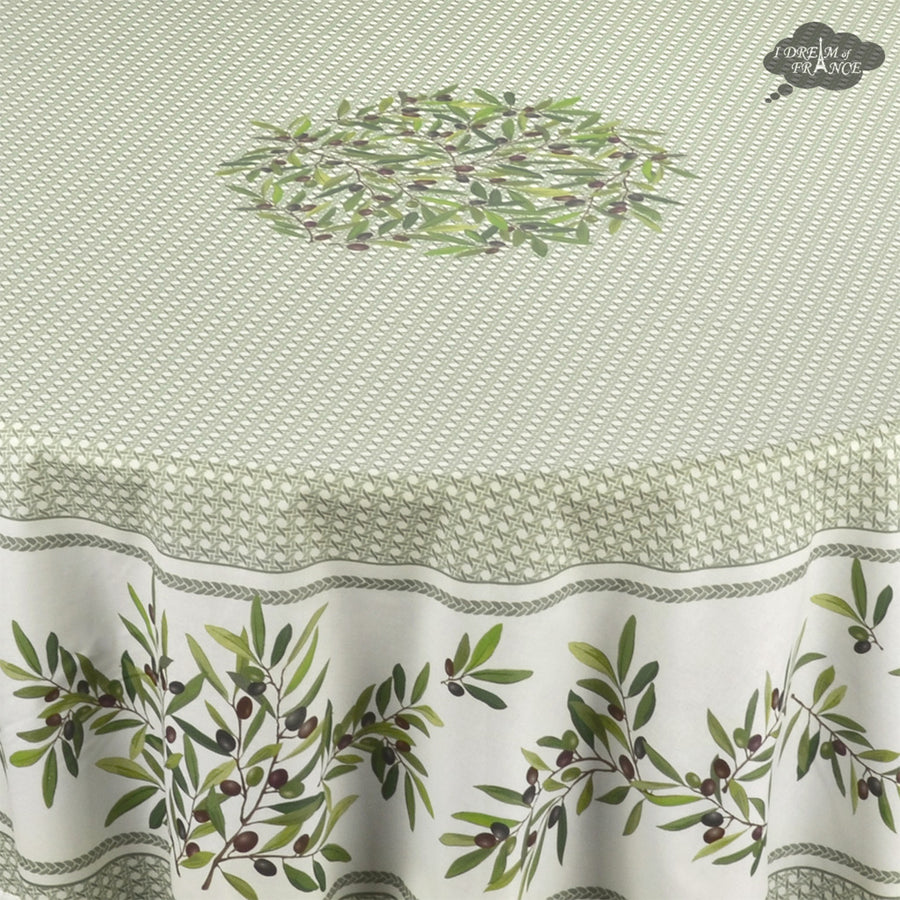 90" Round Nyons Green Acrylic-Coated Cotton Tablecloth by Tissus Toselli