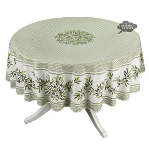 90" Round Nyons Green Acrylic-Coated Cotton Tablecloth by Tissus Toselli