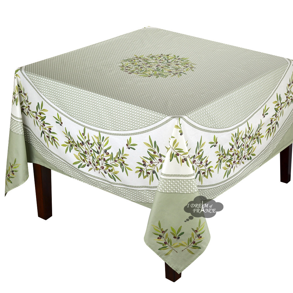 70" Square Nyons Green Acrylic-Coated Cotton Tablecloth by Tissus Toselli