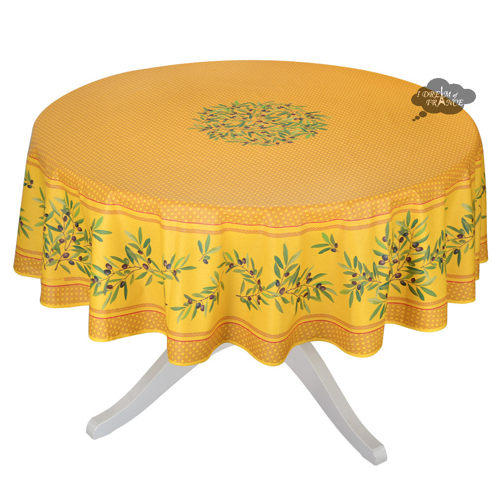 90" Round Nyons Yellow & Red Coated Cotton Tablecloth by Tissus Toselli