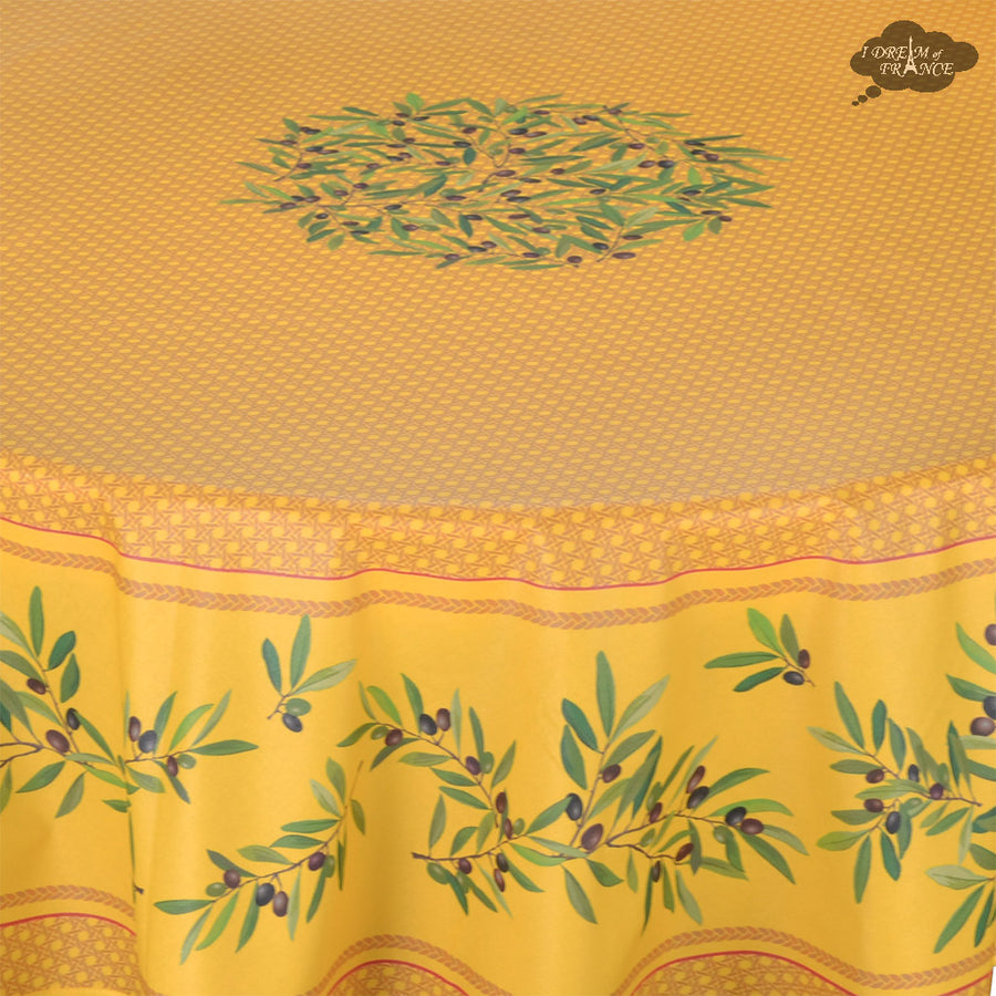 90" Round Nyons Yellow & Red Coated Cotton Tablecloth by Tissus Toselli