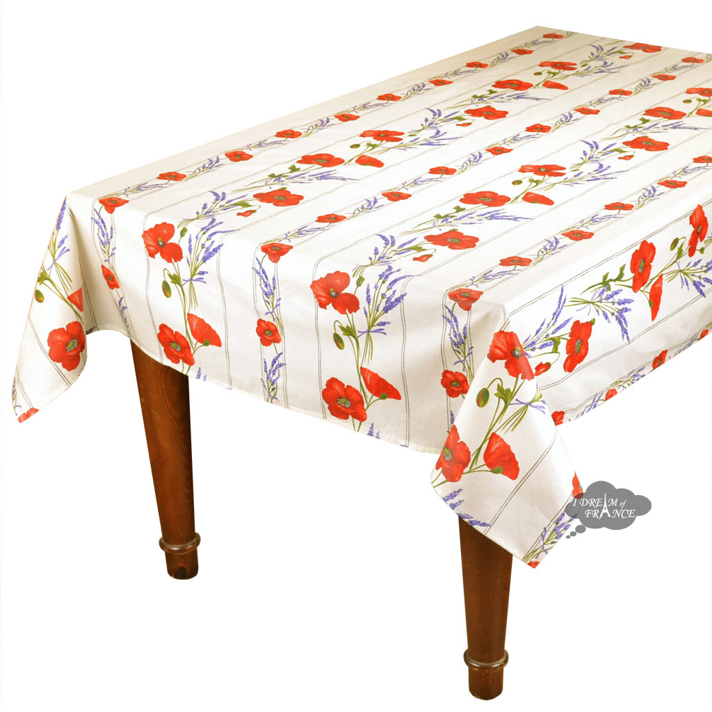 60x96" Striped Rectangular Poppies Cream Acrylic Coated Cotton Tablecloth by Tissus Toselli
