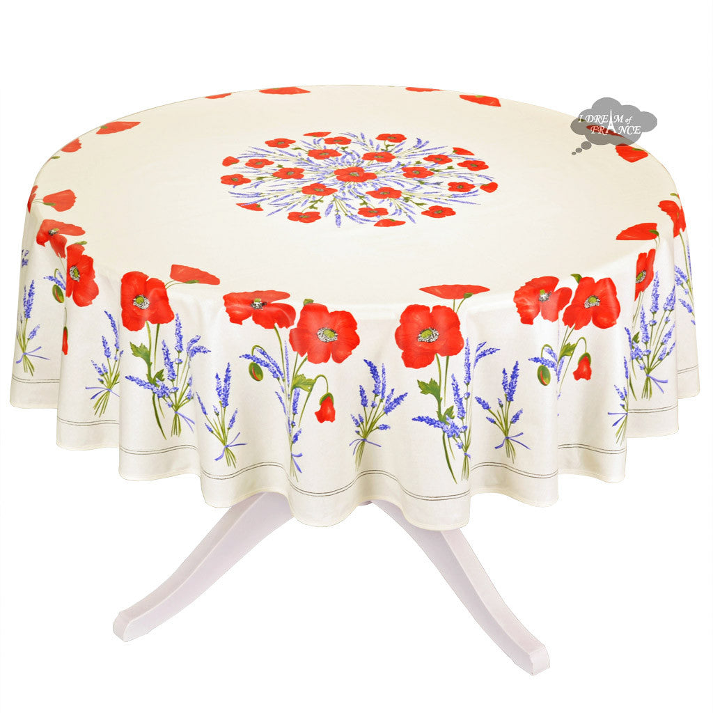 70" Round Poppies Cream Coated Cotton Tablecloth by Tissus Toselli