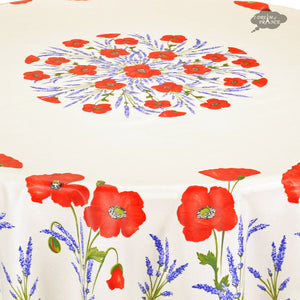 70" Round Poppies Cream Coated Cotton Tablecloth by Tissus Toselli