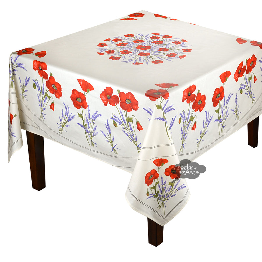 70" Square Poppies Cream Acrylic-Coated Cotton Tablecloth by Tissus Toselli