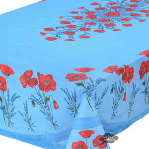 60x96" Rectangular Poppies Sky Blue Coated Cotton Tablecloth by Tissus Toselli