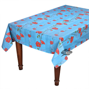 60x78" Rectangular Poppies Sky Blue Coated Cotton Tablecloth by Tissus Toselli