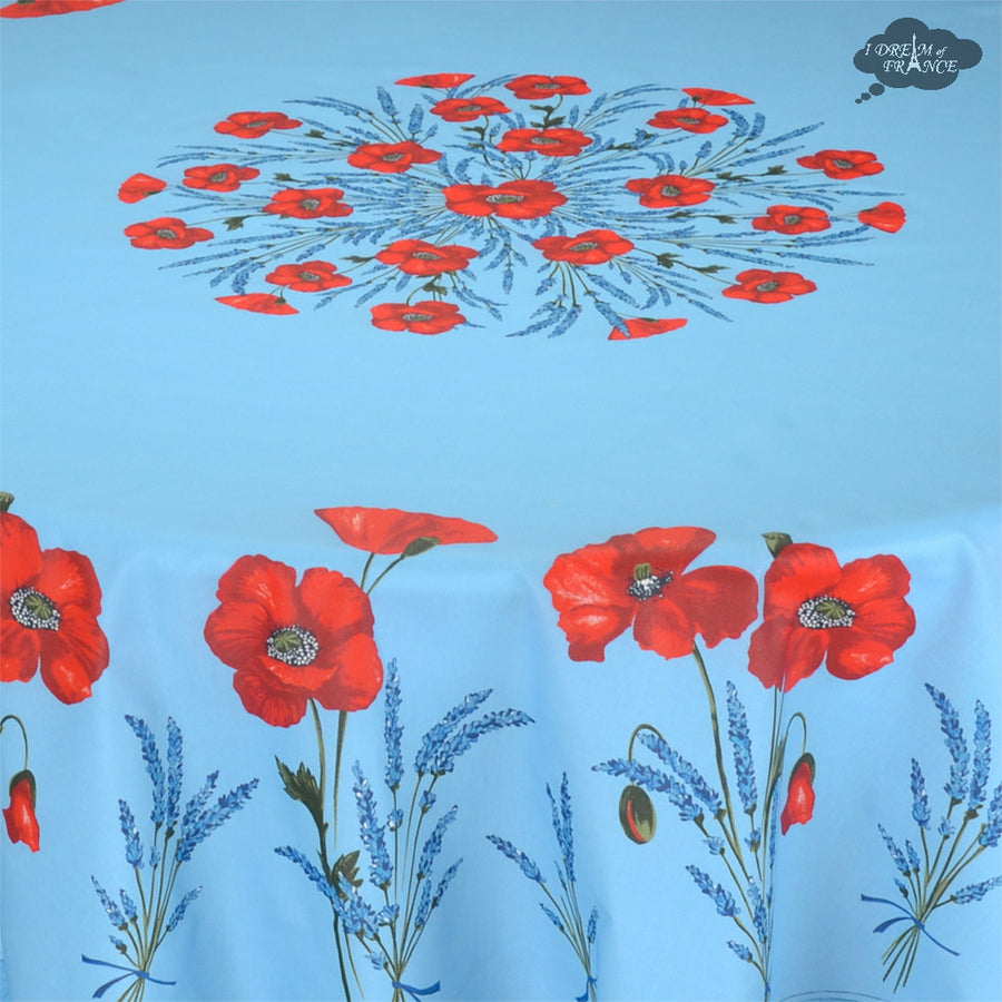 90" Round Poppies Sky Blue Coated Cotton Tablecloth by Tissus Toselli