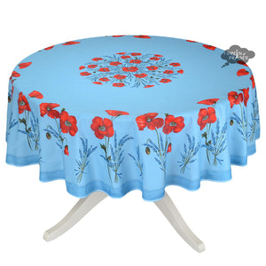 90" Round Poppies Sky Blue Coated Cotton Tablecloth by Tissus Toselli