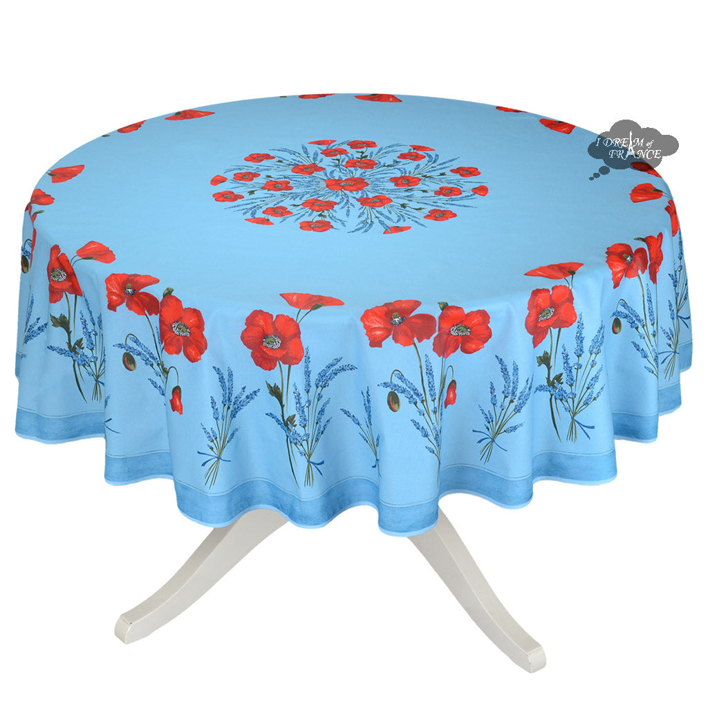70" Round Poppies Sky Blue Coated Cotton Tablecloth by Tissus Toselli