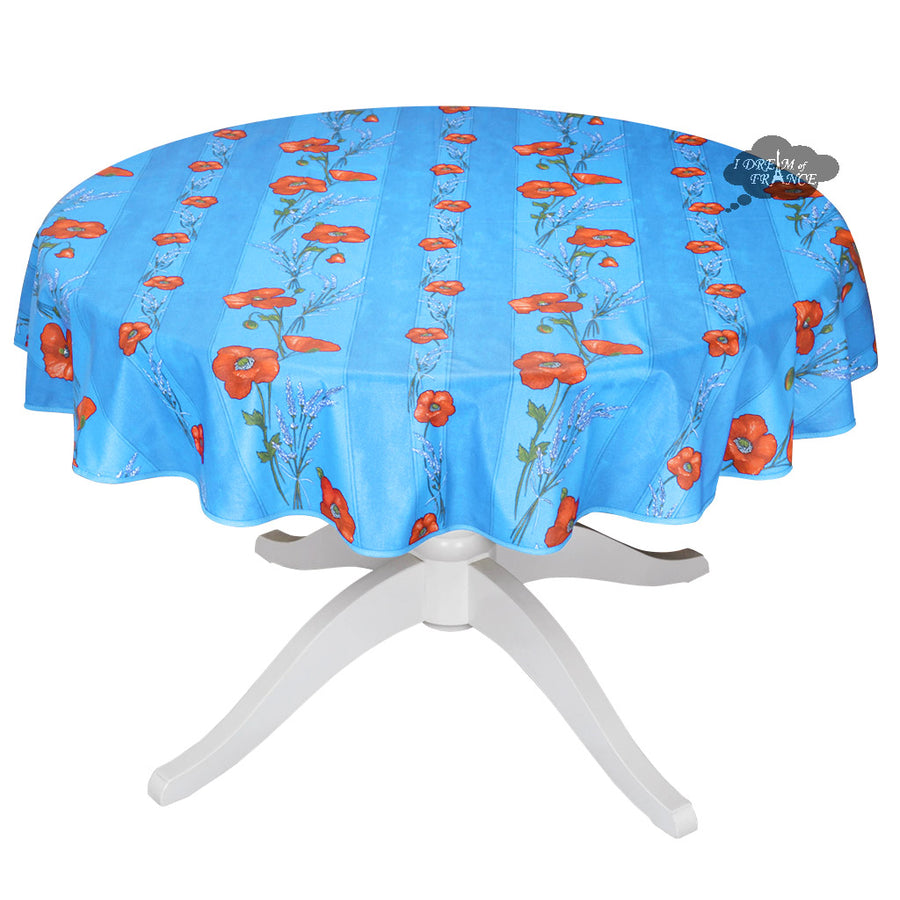 58" Round Poppies Sky Blue Acrylic Coated Cotton Tablecloth by Tissus Toselli