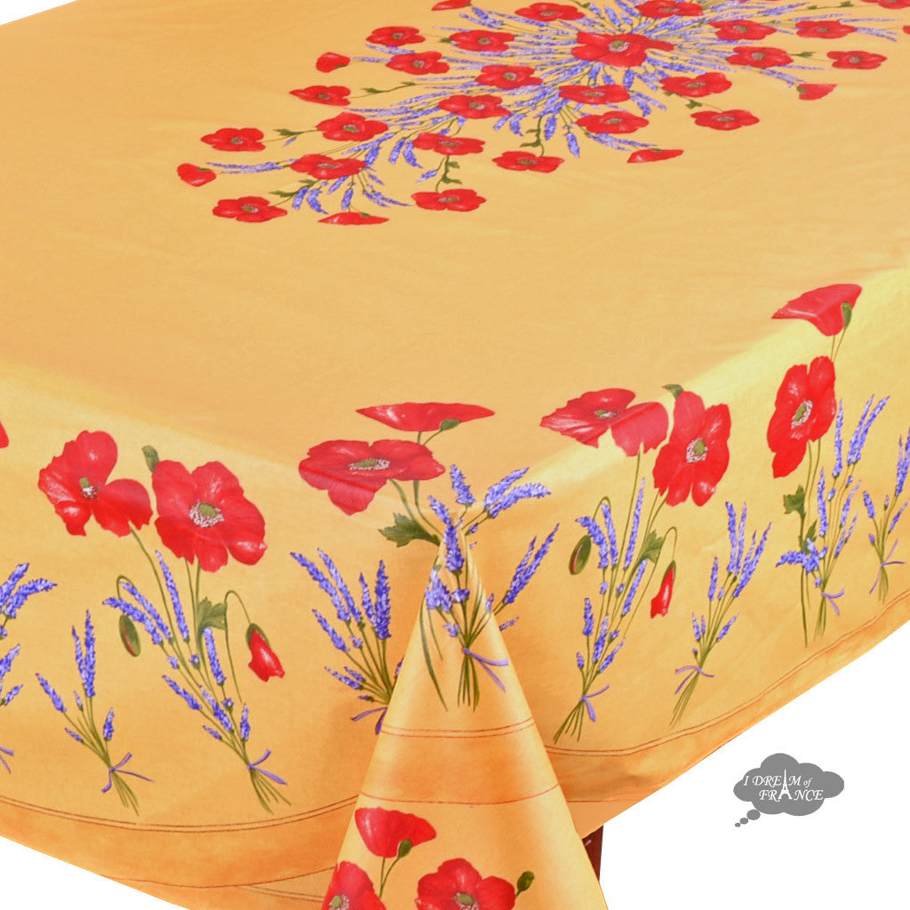 60x 96" Rectangular Poppies Yellow Acrylic Coated Cotton Tablecloth by Tissus Toselli