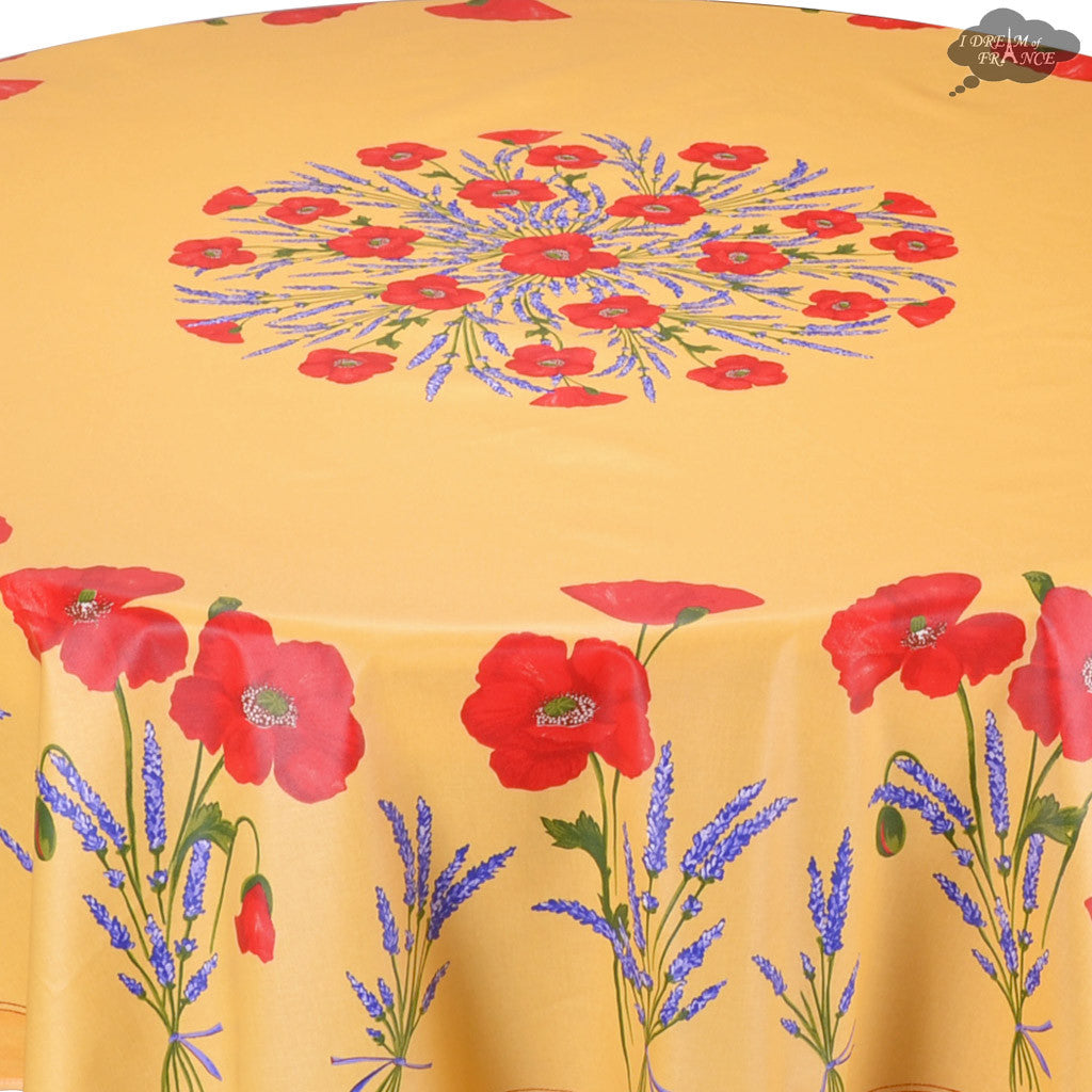 70" Round Poppies Yellow Acrylic-Coated Cotton Tablecloth by Tissus Toselli