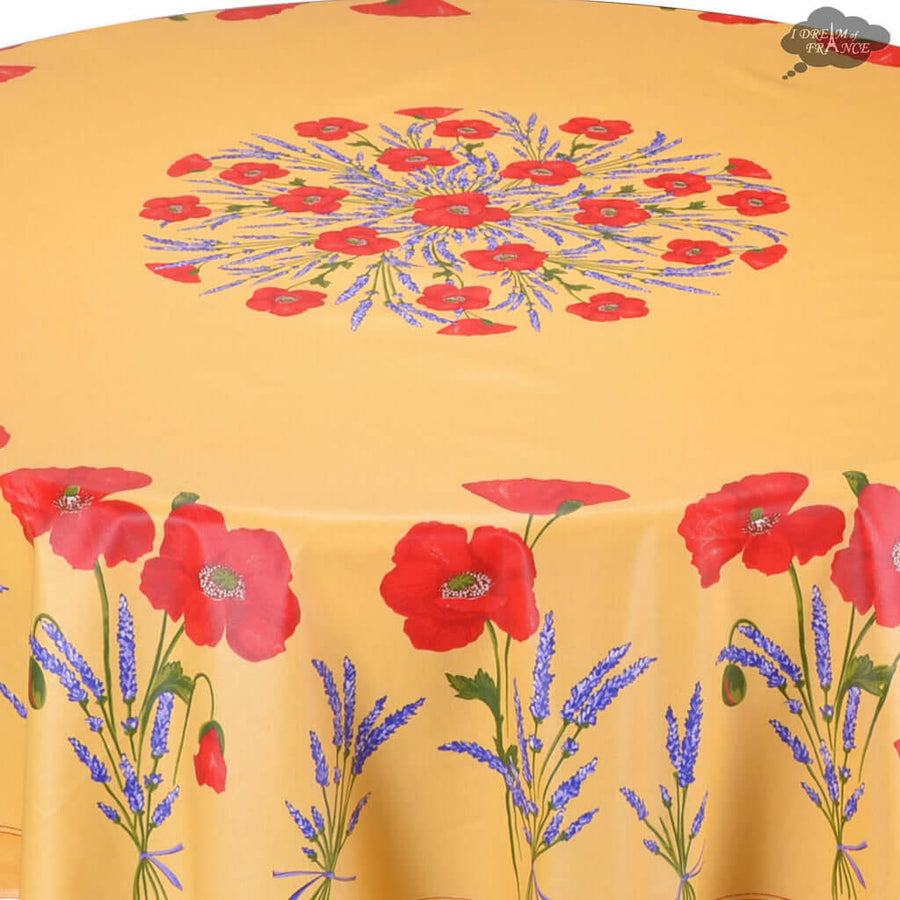 90" Round Poppies Yellow Acrylic Coated Cotton Tablecloth by Tissus Toselli