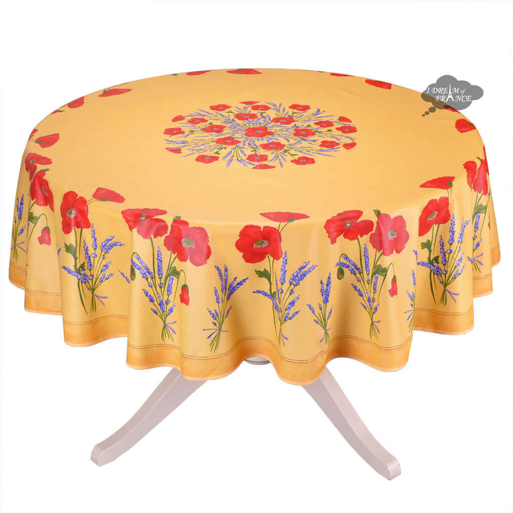90" Round Poppies Yellow Acrylic Coated Cotton Tablecloth by Tissus Toselli