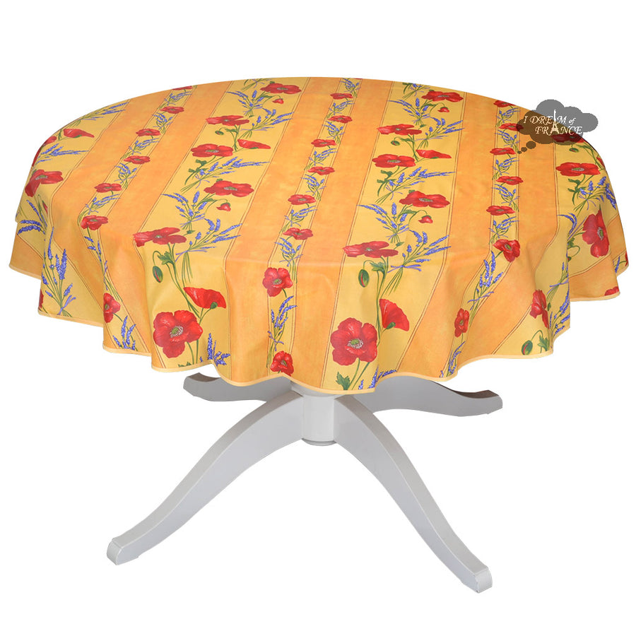58" Round Poppies Yellow Acrylic Coated Cotton Tablecloth by Tissus Toselli