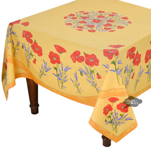 70" Square Poppies Yellow Coated Cotton Tablecloth by Tissus Toselli