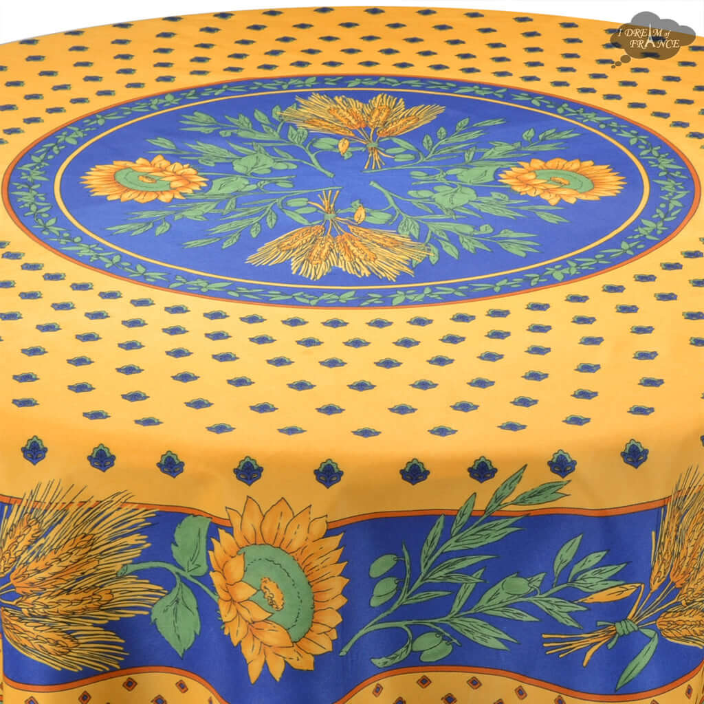 Tournesol Blue/Yellow French Provencal Polyester Tablecloth - 70" Round