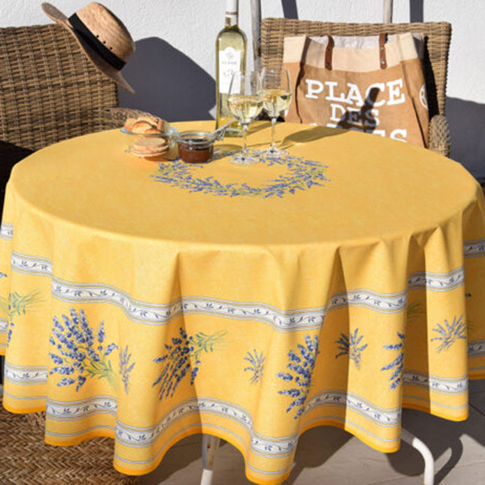 70" Round Valensole Yellow Acrylic-Coated Cotton Tablecloth by L'Ensoleillade