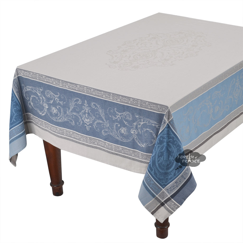 62x138" Rectangular Versailles Gray & Blue French Jacquard Tablecloth by Tissus Toselli