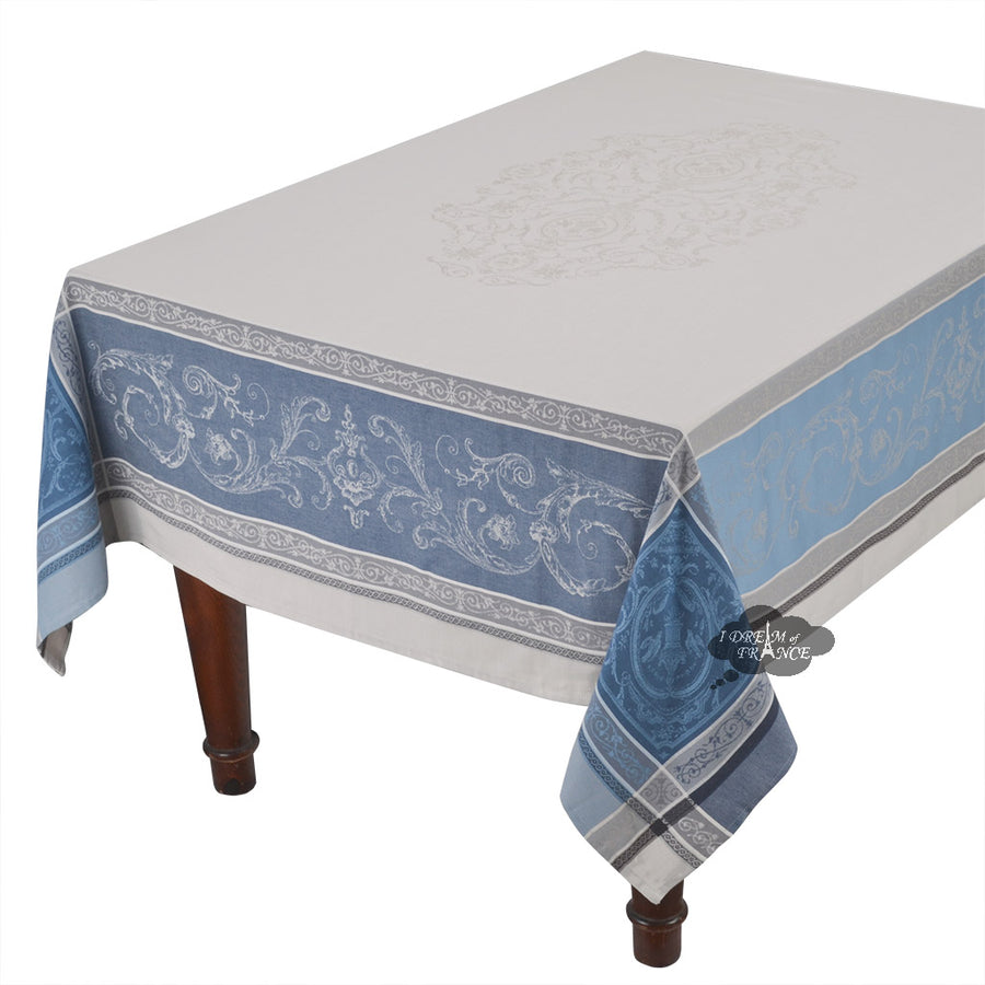 62x120" Rectangular Versailles Gray & Blue French Jacquard Tablecloth with Teflon