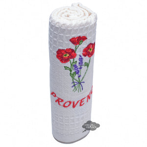 Poppies White Waffle Weave Kitchen Towel by Tissus Toselli